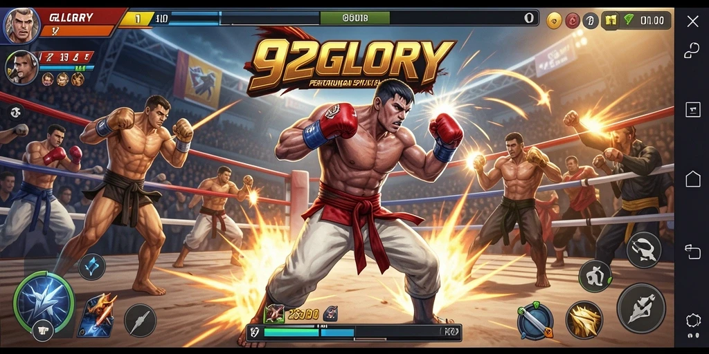 Gameplay 92GLORY menampilkan pertarungan yang mendebarkan dengan karakter yang beragam.