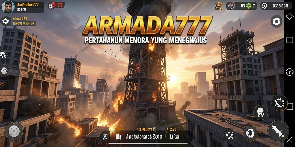 Tangkapan layar gameplay ARMADA777 yang menunjukkan menara bertahan dari serangan musuh.