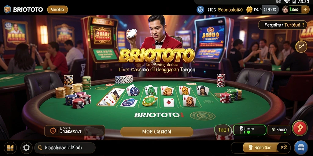 Screenshot gameplay BRIOTOTO menampilkan dealer langsung dan suasana kasino nyata.