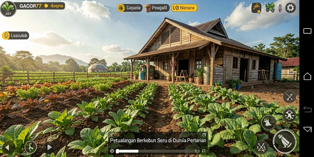 Tampilan gameplay <strong>GACOR77</strong> yang memperlihatkan aktivitas berkebun dan perawatan hewan.