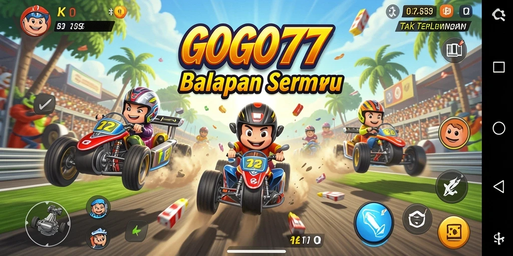 Tampilan gameplay GOGO77 dengan mobil yang dipacu kencang di lintasan balap.