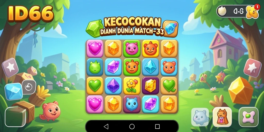 Screenshot gameplay ID66 menampilkan kombinasi warna cerah dalam permainan Match-3.