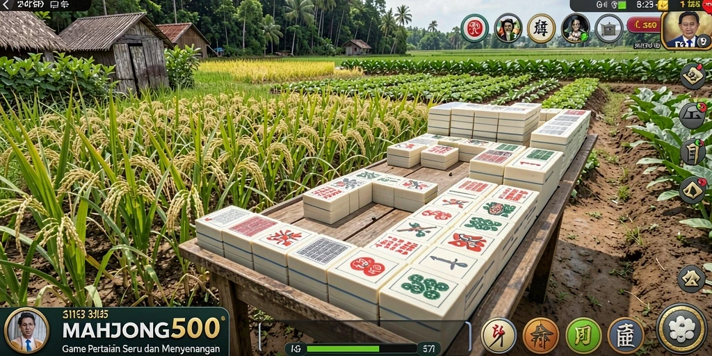 Tampilan gameplay <strong>MAHJONG500</strong> dengan aktivitas bertani yang seru.