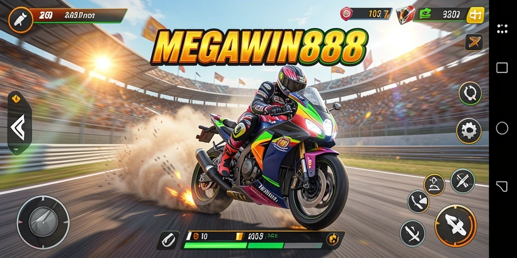 Tampilan gameplay dari MEGAWIN888 yang dramatis dan penuh aksi balapan.