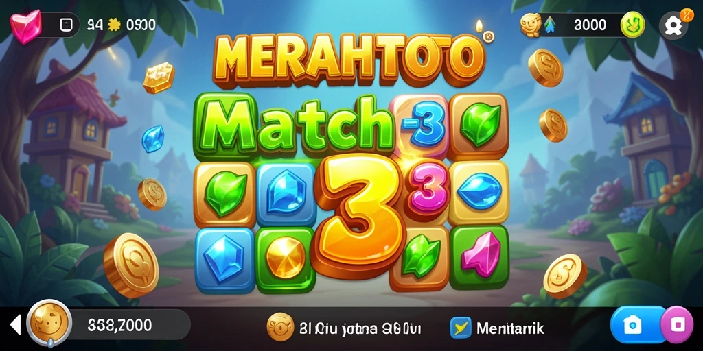 Screenshot gameplay Match-3 MERAHTOTO dengan objek berwarna-warni.