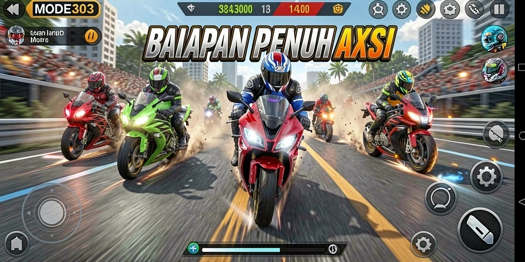 Gameplay seru balapan motor dengan berbagai trek menantang.