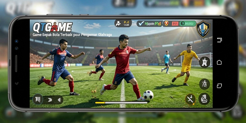 Tampilan gameplay QTGAME menampilkan aksi seru pertandingan sepak bola.