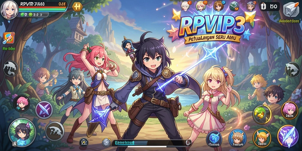 Screenshot gameplay RPVIP3 yang menampilkan karakter anime dan aksi petualangan.