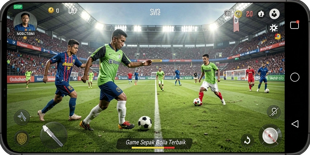 Screenshot gameplay SVIP3 dengan aksi seru di lapangan sepak bola.