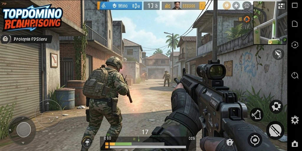Screenshot gameplay TOPDOMINO menampilkan aksi tembak-menembak yang mendebarkan.